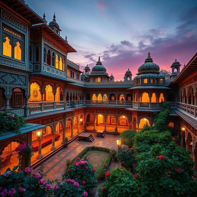 A stunning and intricate view of a traditional Indian haveli, showcasing ornate architectural details, vibrant colors, and intricate carvings