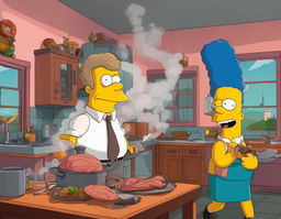 Digital art of Principal Skinner's smoke-filled kitchen with overcooked steaming hams in Simpsons style