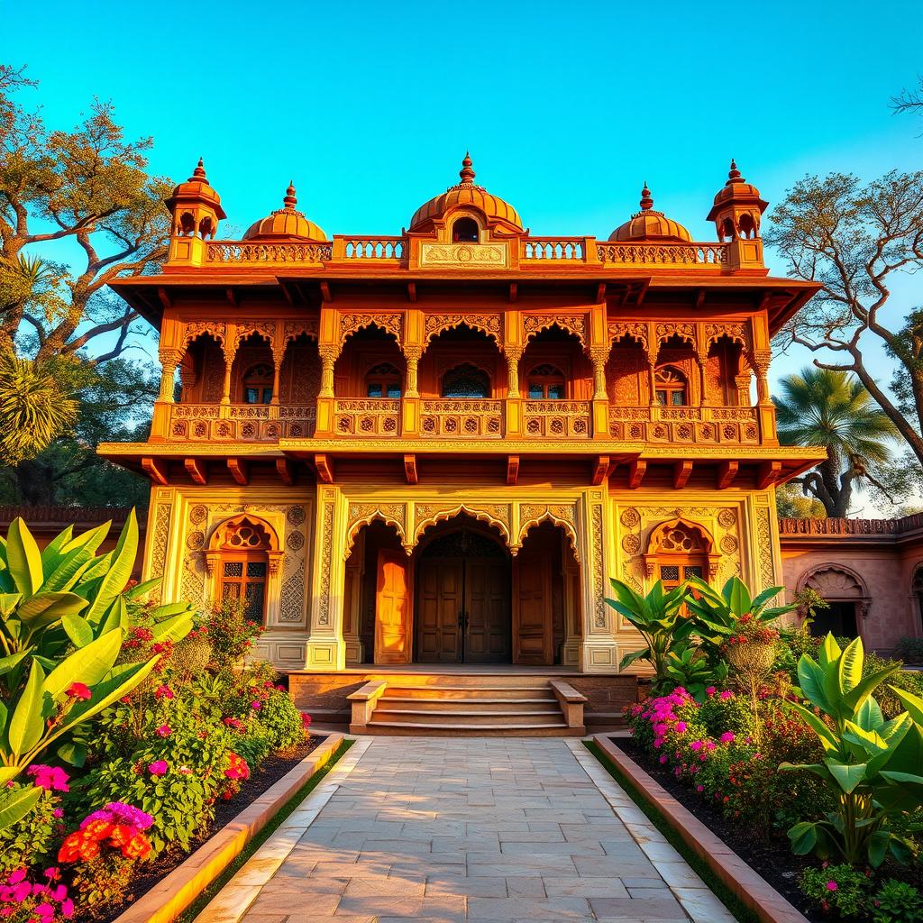 An intricately designed Indian haveli, showcasing beautiful Mughal architecture with ornate carvings and vibrant colors