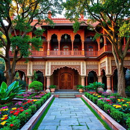 An intricately designed Indian haveli, showcasing beautiful Mughal architecture with ornate carvings and vibrant colors