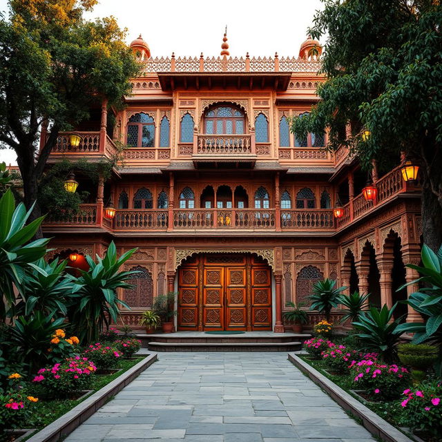 An intricately designed Indian haveli, showcasing beautiful Mughal architecture with ornate carvings and vibrant colors