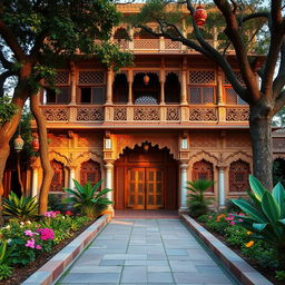 An intricately designed Indian haveli, showcasing beautiful Mughal architecture with ornate carvings and vibrant colors