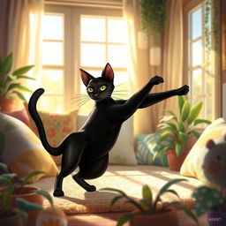 Bastet, the Egyptian goddess of births, in her elegant cat form, playfully frolicking around a cozy and warm home