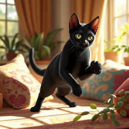 Bastet, the Egyptian goddess of births, in her elegant cat form, playfully frolicking around a cozy and warm home