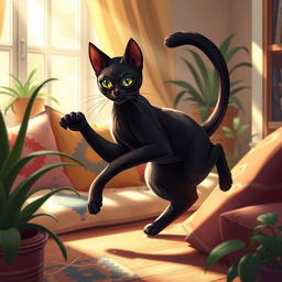 Bastet, the Egyptian goddess of births, in her elegant cat form, playfully frolicking around a cozy and warm home