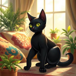 Bastet, the Egyptian goddess of births, in her elegant cat form, playfully frolicking around a cozy and warm home