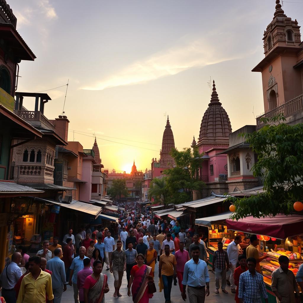 A vibrant traditional Indian city bustling with life, showcasing colorful buildings with intricate carvings, narrow streets filled with local markets, people dressed in traditional clothing, vibrant street food stalls, and ornate temples with domes and spires