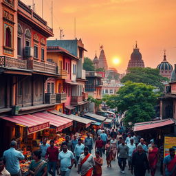 A vibrant traditional Indian city bustling with life, showcasing colorful buildings with intricate carvings, narrow streets filled with local markets, people dressed in traditional clothing, vibrant street food stalls, and ornate temples with domes and spires