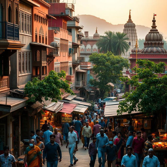 A vibrant traditional Indian city bustling with life, showcasing colorful buildings with intricate carvings, narrow streets filled with local markets, people dressed in traditional clothing, vibrant street food stalls, and ornate temples with domes and spires