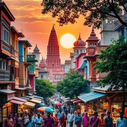 A vibrant traditional Indian city bustling with life, showcasing colorful buildings with intricate carvings, narrow streets filled with local markets, people dressed in traditional clothing, vibrant street food stalls, and ornate temples with domes and spires