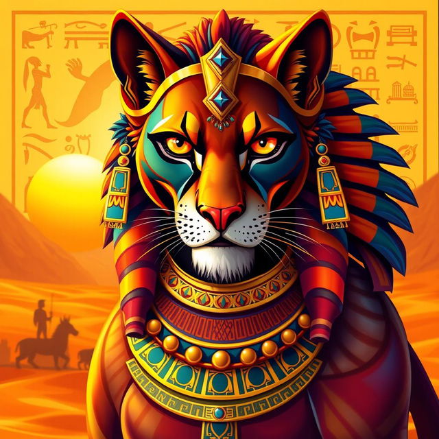 A stunning artistic representation of Bastet, the ancient Egyptian goddess, depicted as a majestic lioness with human traits