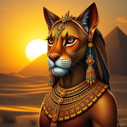 A stunning artistic representation of Bastet, the ancient Egyptian goddess, depicted as a majestic lioness with human traits