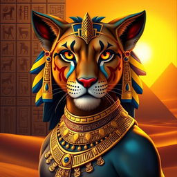 A stunning artistic representation of Bastet, the ancient Egyptian goddess, depicted as a majestic lioness with human traits