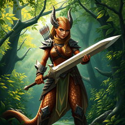 A beautifully drawn picture of a dragonborn ranger princess, featuring shimmering bronze scales for skin