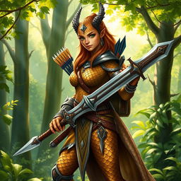 A beautifully drawn picture of a dragonborn ranger princess, featuring shimmering bronze scales for skin