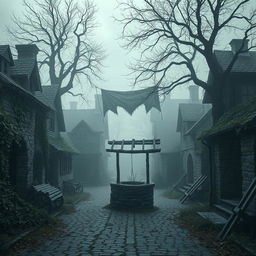 An eerie medieval village abandoned due to the plague, showcasing crumbling stone cottages overtaken by nature