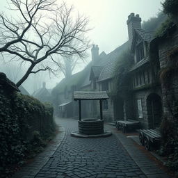 An eerie medieval village abandoned due to the plague, showcasing crumbling stone cottages overtaken by nature