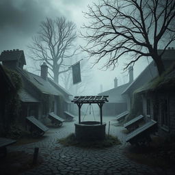 An eerie medieval village abandoned due to the plague, showcasing crumbling stone cottages overtaken by nature