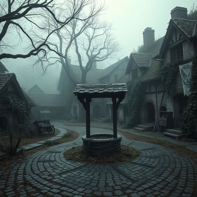 An eerie medieval village abandoned due to the plague, showcasing crumbling stone cottages overtaken by nature