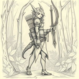 A pencil-drawn picture of a dragonborn ranger princess, featuring intricate details of bronze scales for skin