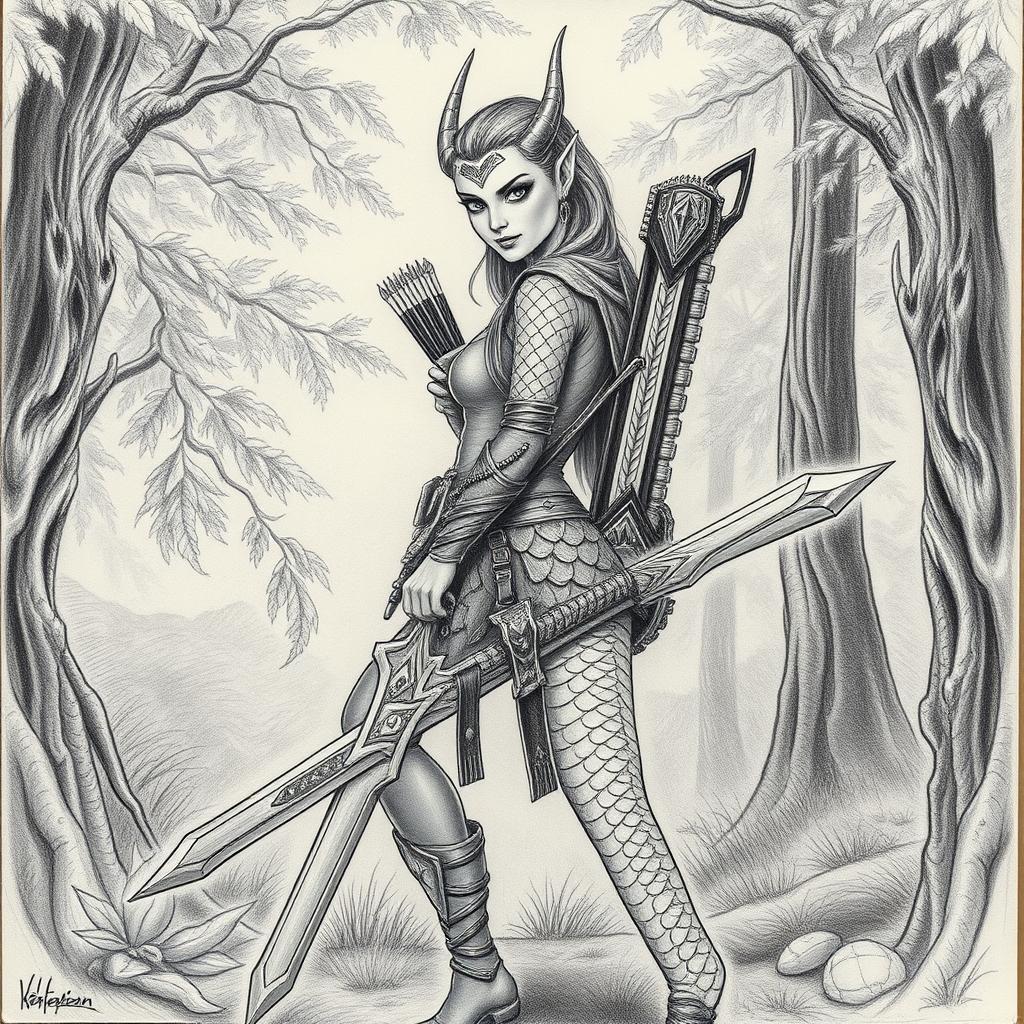 A pencil-drawn picture of a dragonborn ranger princess, featuring intricate details of bronze scales for skin