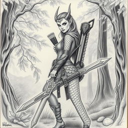 A pencil-drawn picture of a dragonborn ranger princess, featuring intricate details of bronze scales for skin