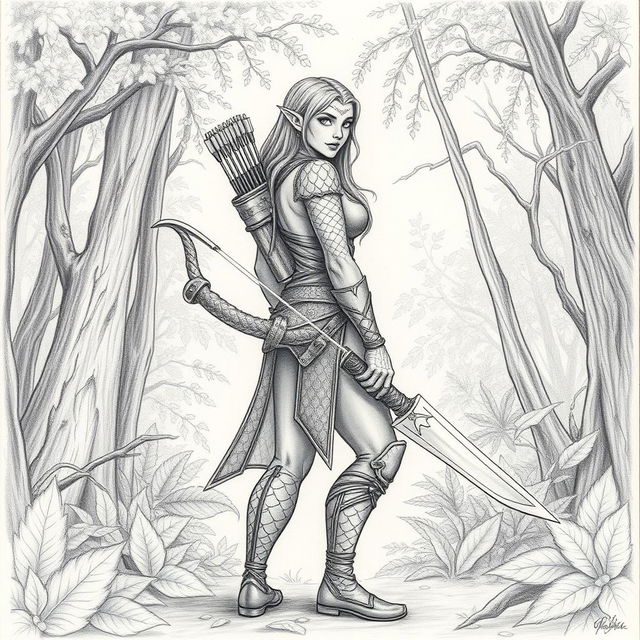 A pencil-drawn picture of a dragonborn ranger princess, featuring intricate details of bronze scales for skin