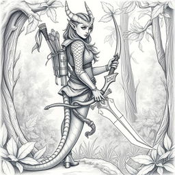 A pencil-drawn picture of a dragonborn ranger princess, featuring intricate details of bronze scales for skin