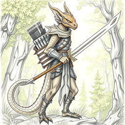A pencil-drawn picture of a dragonborn ranger with bronze scales for skin, standing in a lush green forest