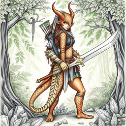 A pencil-drawn picture of a dragonborn ranger with bronze scales for skin, standing in a lush green forest