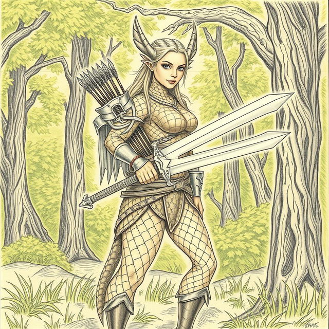 A pencil-drawn picture of a dragonborn ranger with bronze scales for skin, standing in a lush green forest