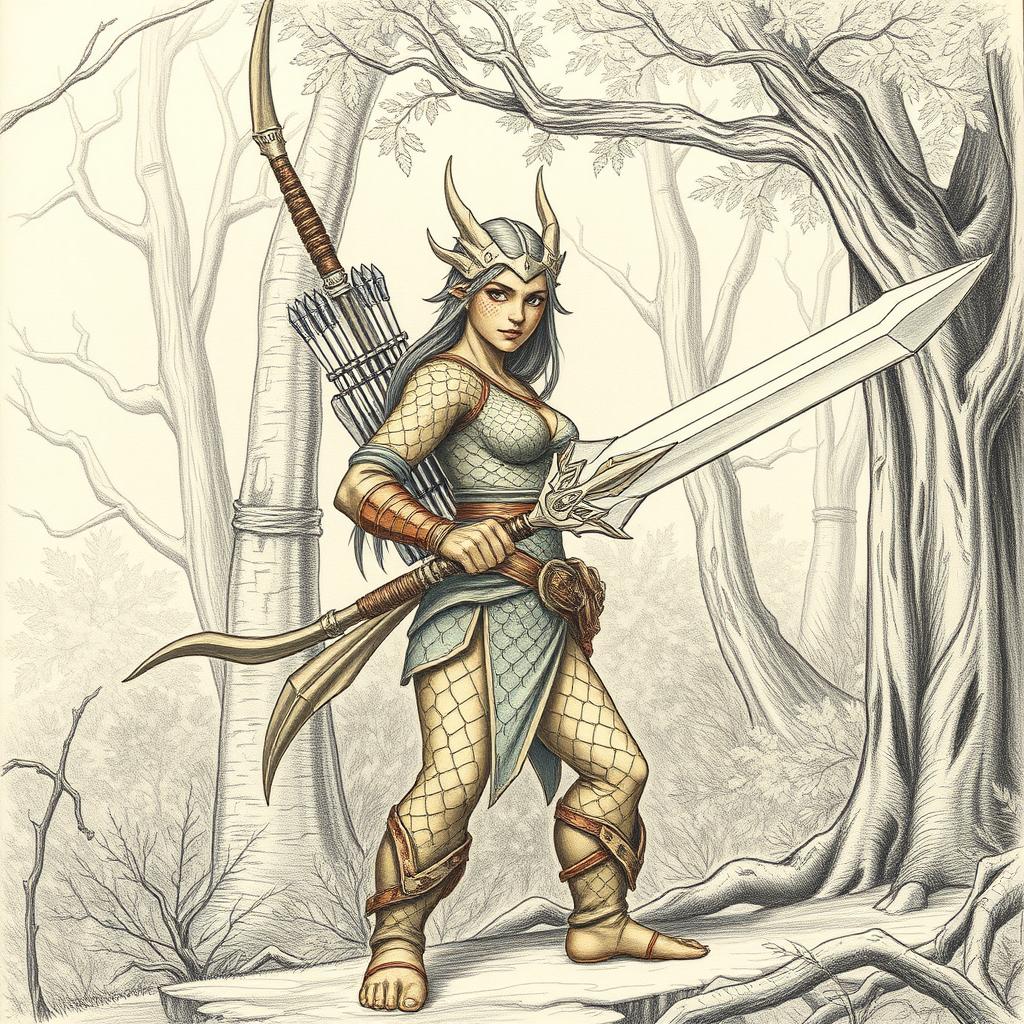 A pencil-drawn picture of a dragonborn ranger with bronze scales for skin, standing in a lush green forest