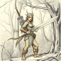 A pencil-drawn picture of a dragonborn ranger with bronze scales for skin, standing in a lush green forest