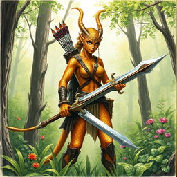 A striking drawn picture of a dragonborn ranger, showcasing her bronze-scaled skin that glimmers in the light