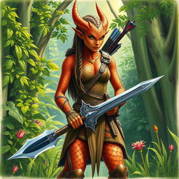 A striking drawn picture of a dragonborn ranger, showcasing her bronze-scaled skin that glimmers in the light