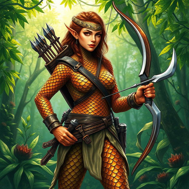 A vibrant drawn picture of a Dragonborn Ranger, showcasing her stunning bronze scales for skin as she stands confidently in a lush green forest