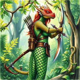 A vibrant drawn picture of a Dragonborn Ranger, showcasing her stunning bronze scales for skin as she stands confidently in a lush green forest