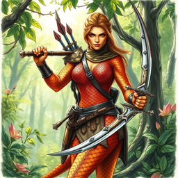 A vibrant drawn picture of a Dragonborn Ranger, showcasing her stunning bronze scales for skin as she stands confidently in a lush green forest