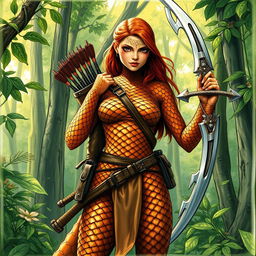 A vibrant drawn picture of a Dragonborn Ranger, showcasing her stunning bronze scales for skin as she stands confidently in a lush green forest
