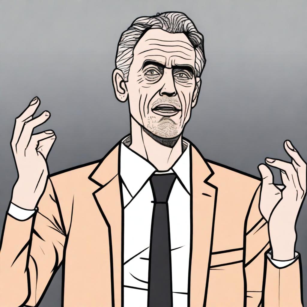 An animated depiction of Jordan Peterson with a serious expression, gesturing passionately and insisting on the importance of tidying your room