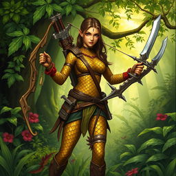 A dynamic drawn picture of a warrior-like Dragonborn Ranger, featuring exquisite bronze scales for skin that shine subtly in the light