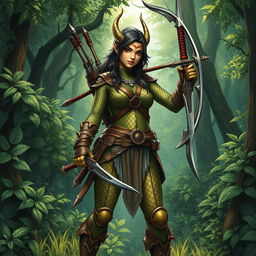 A dynamic drawn picture of a warrior-like Dragonborn Ranger, featuring exquisite bronze scales for skin that shine subtly in the light