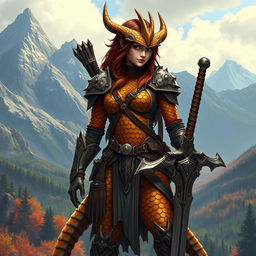 An epic illustration of a warrior-like Dragonborn Ranger, showcasing her impressive bronze scales for skin that reflect a warrior's strength and valor