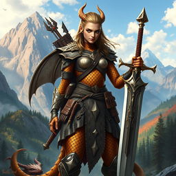 An epic illustration of a warrior-like Dragonborn Ranger, showcasing her impressive bronze scales for skin that reflect a warrior's strength and valor
