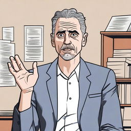 An animated depiction of Jordan Peterson with a serious expression, gesturing passionately and insisting on the importance of tidying your room