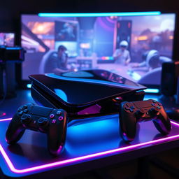 A futuristic concept design of the PlayStation 8 gaming console, featuring a sleek, ultra-modern aesthetic with smooth curves and a glossy black finish