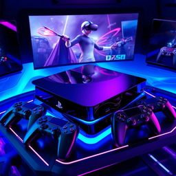 A futuristic concept design of the PlayStation 8 gaming console, featuring a sleek, ultra-modern aesthetic with smooth curves and a glossy black finish