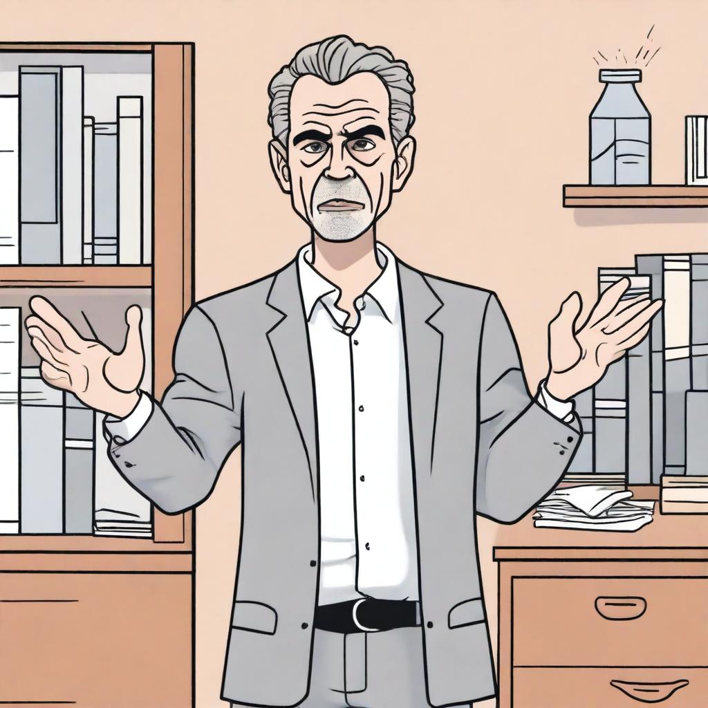 An animated depiction of Jordan Peterson with a serious expression, gesturing passionately and insisting on the importance of tidying your room