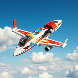 A vibrant, sleek Lego model of a private jet designed to fly at 720 mph, showcasing intricate details such as jet engines, a stylish cockpit, and colorful Lego bricks forming the body