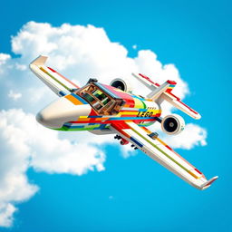 A vibrant, sleek Lego model of a private jet designed to fly at 720 mph, showcasing intricate details such as jet engines, a stylish cockpit, and colorful Lego bricks forming the body